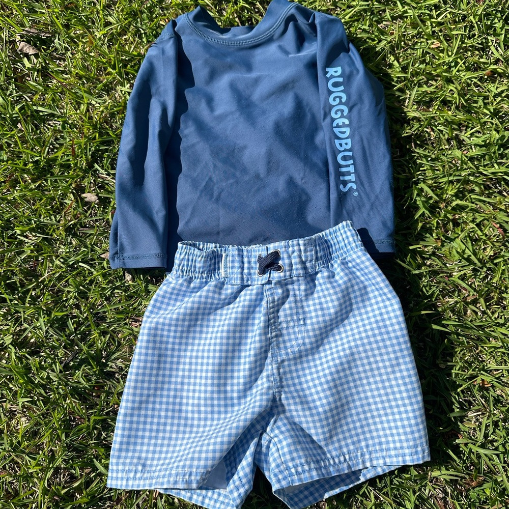 Rugged Butts 18-24 months. Swim Trunks Rash Guard. Boys. Navy Blue. Gingham. Set